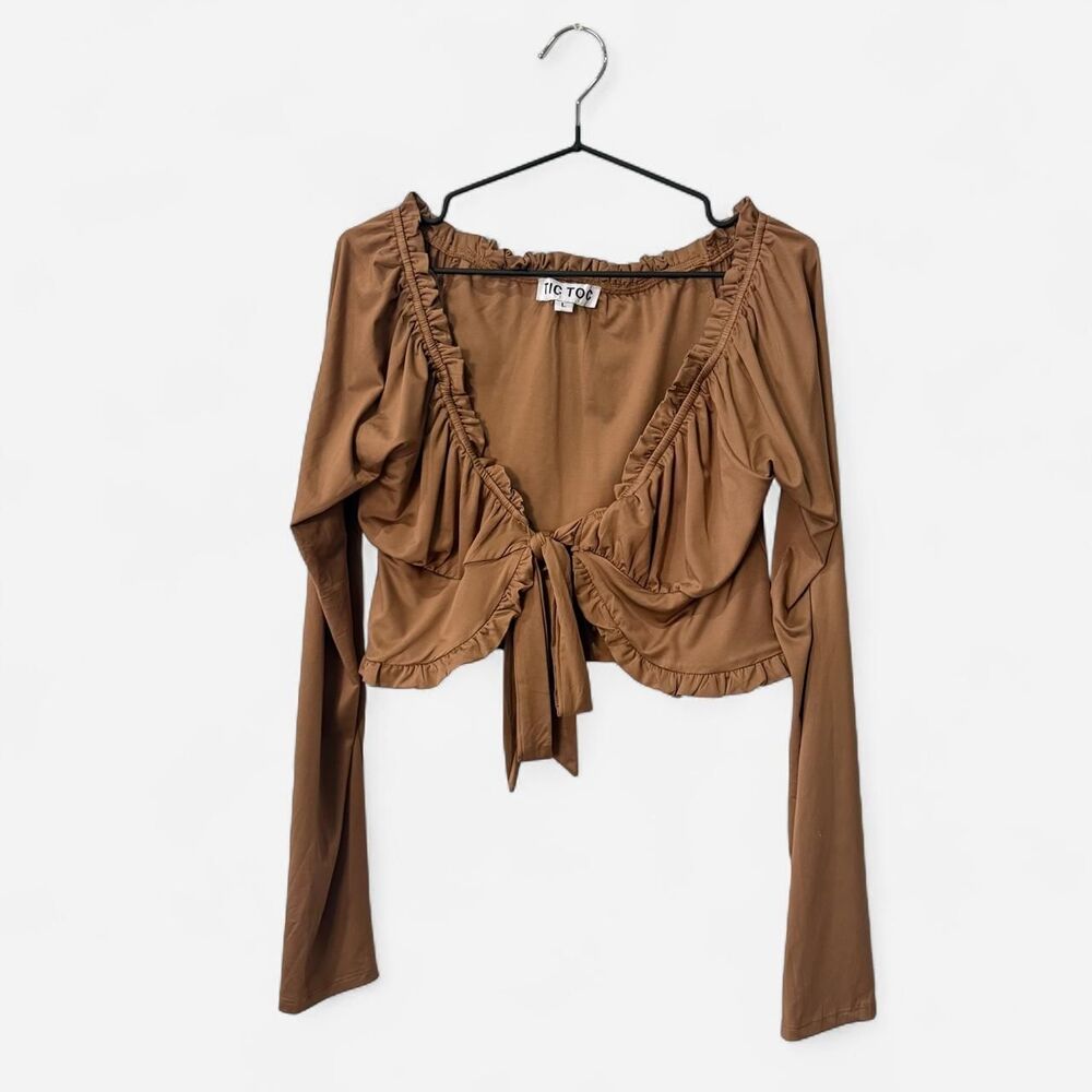 Cottage core boho Brown long sleeve ruffle top Large Women's Tie Front Fall
